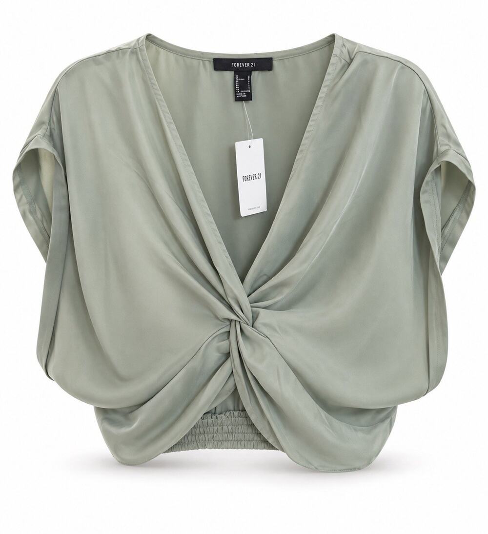 NWT Forever 21 Sage Green Twist Front Satin Blouse Women’s L V-Neck Crop Top